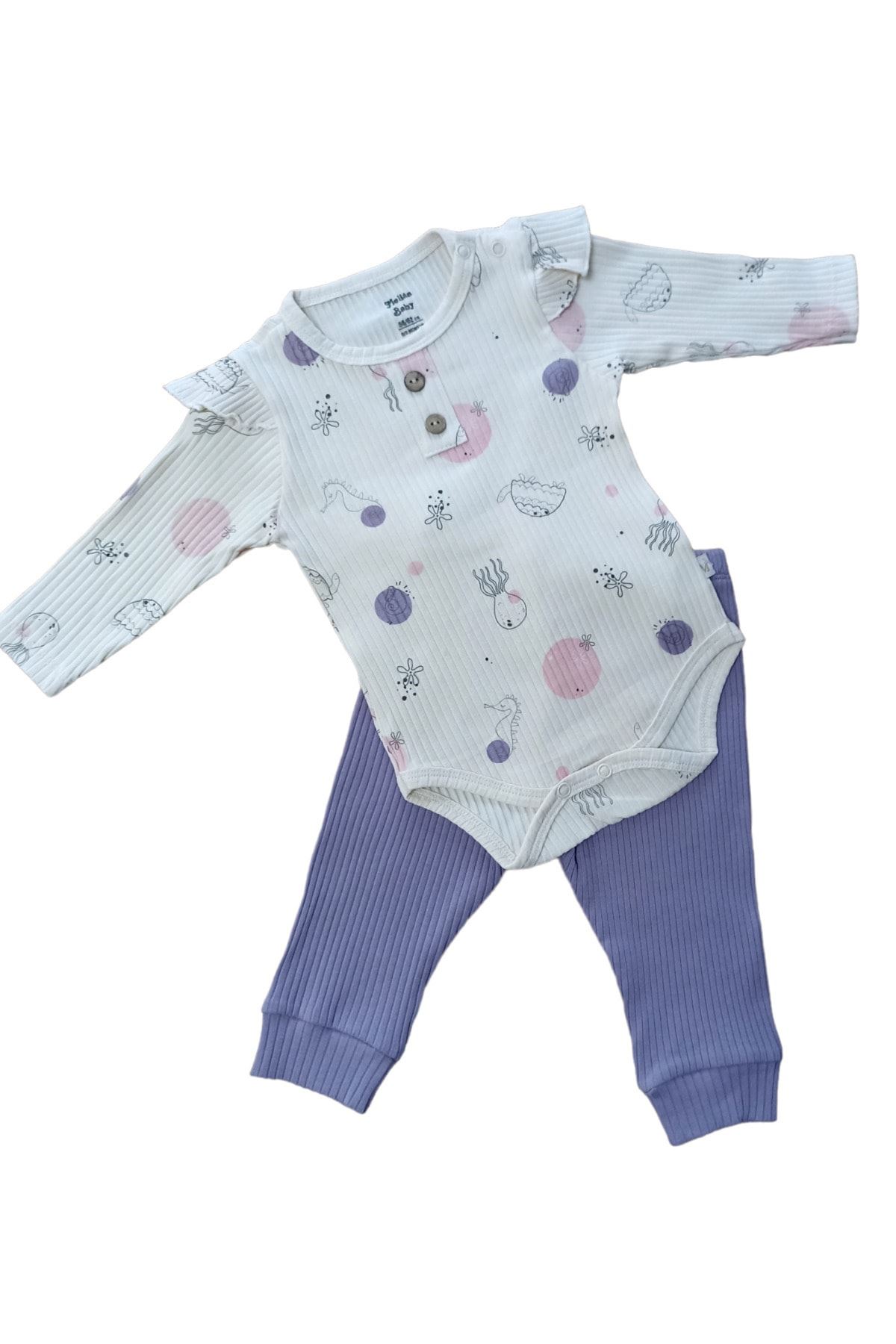 DENİZ CANLILARI ALTTAN ÇITÇITLI BEBEK 2Lİ TAKIM - Fitilli, Omuz Patlı, Çıtçıtlı Body ve Fitilli Alt