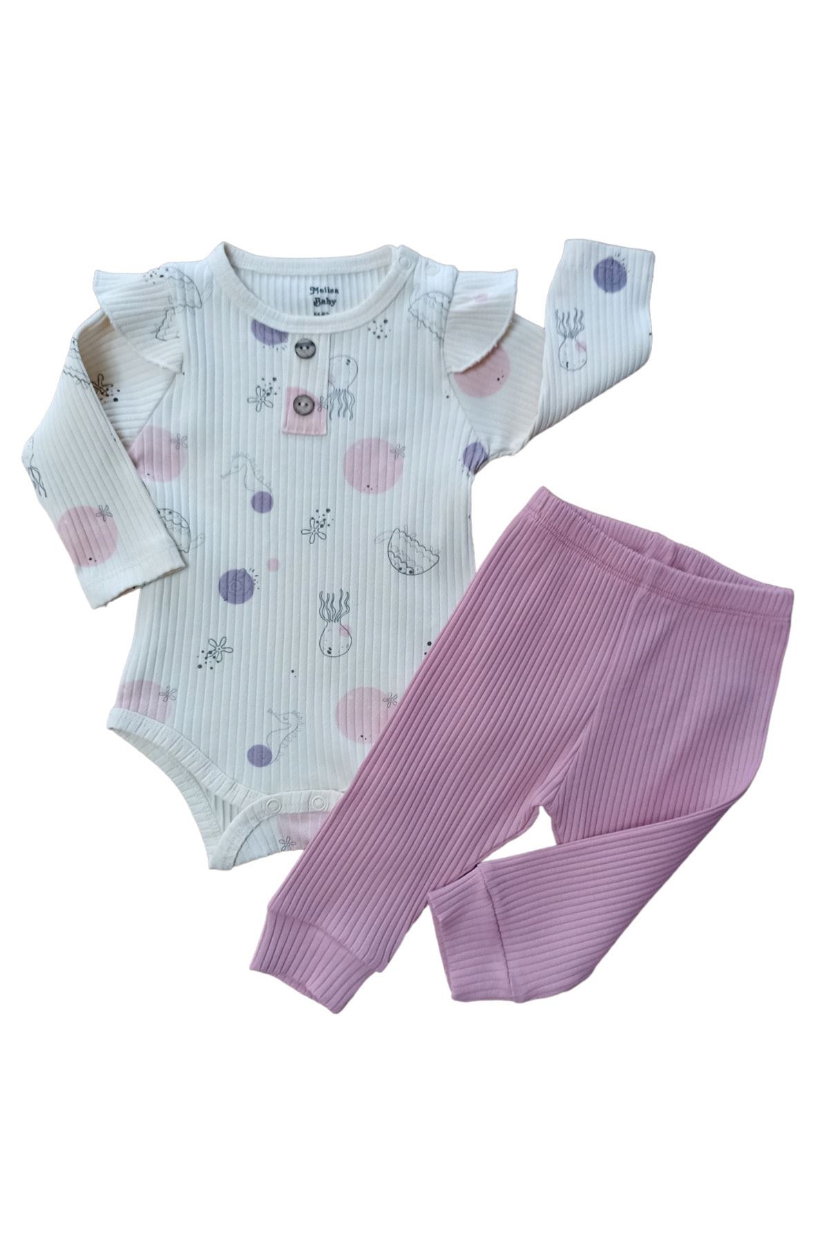 DENİZ CANLILARI ALTTAN ÇITÇITLI BEBEK 2Lİ TAKIM - Fitilli, Omuz Patlı, Çıtçıtlı Body ve Fitilli Alt