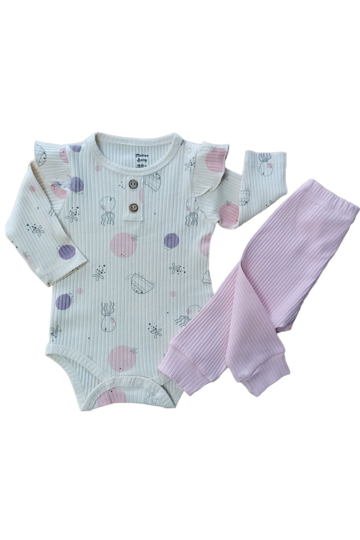 DENİZ CANLILARI ALTTAN ÇITÇITLI BEBEK 2Lİ TAKIM - Fitilli, Omuz Patlı, Çıtçıtlı Body ve Fitilli Alt