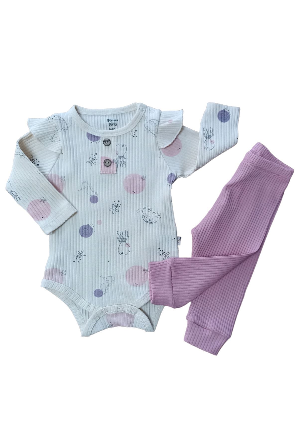 DENİZ CANLILARI ALTTAN ÇITÇITLI BEBEK 2Lİ TAKIM - Fitilli, Omuz Patlı, Çıtçıtlı Body ve Fitilli Alt