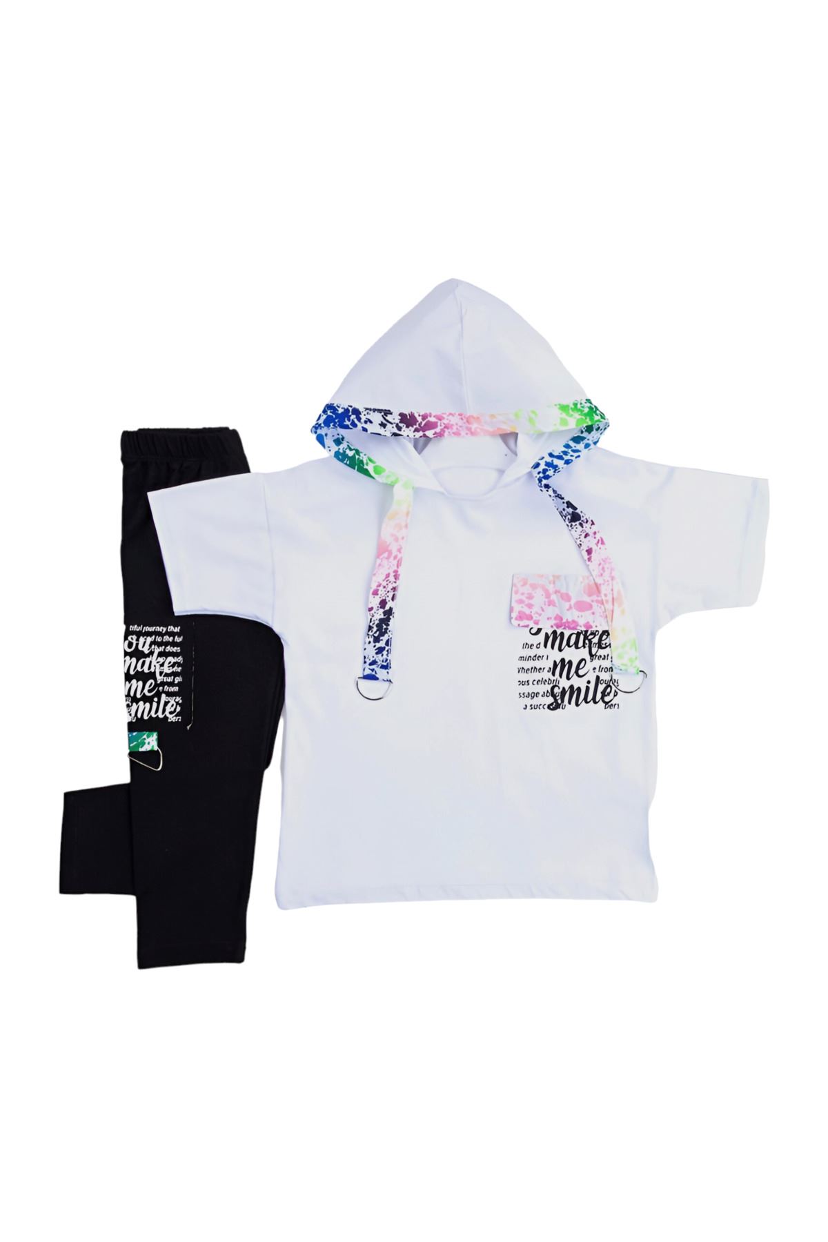 Çaren Kids - Kız Çocuk 2'li Takım- Kapüşonlu Baskı Detaylı T-shirt, Baskı Detaylı Tayt