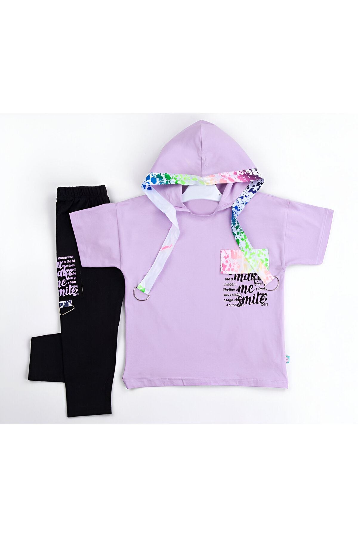 Çaren Kids - Kız Çocuk 2'li Takım- Kapüşonlu Baskı Detaylı T-shirt, Baskı Detaylı Tayt