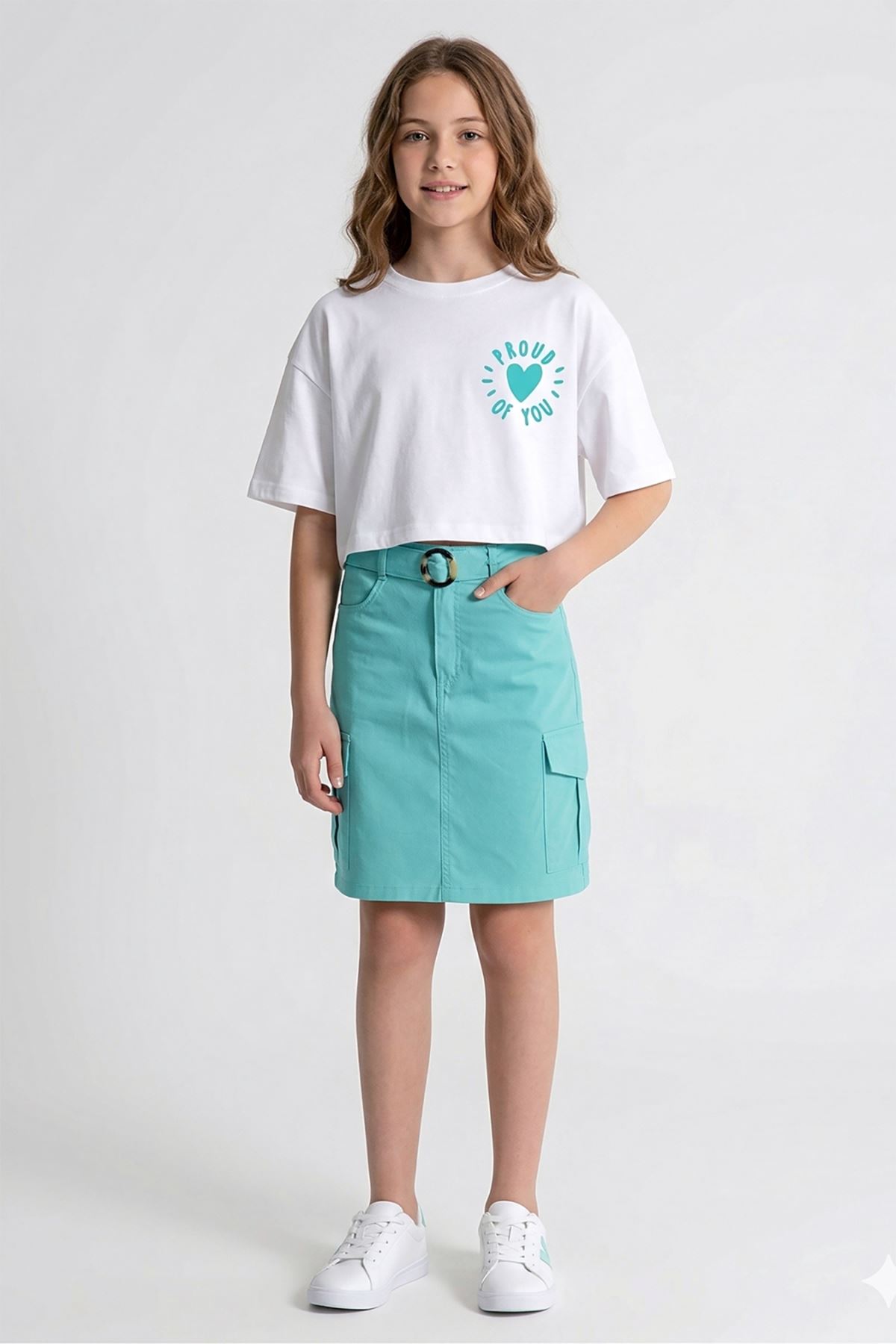 Caren Kids -Kız Çocuk Coast 2'li Takım: Baskılı Crop Tişört ve Kargo Cepli Kemerli Etek