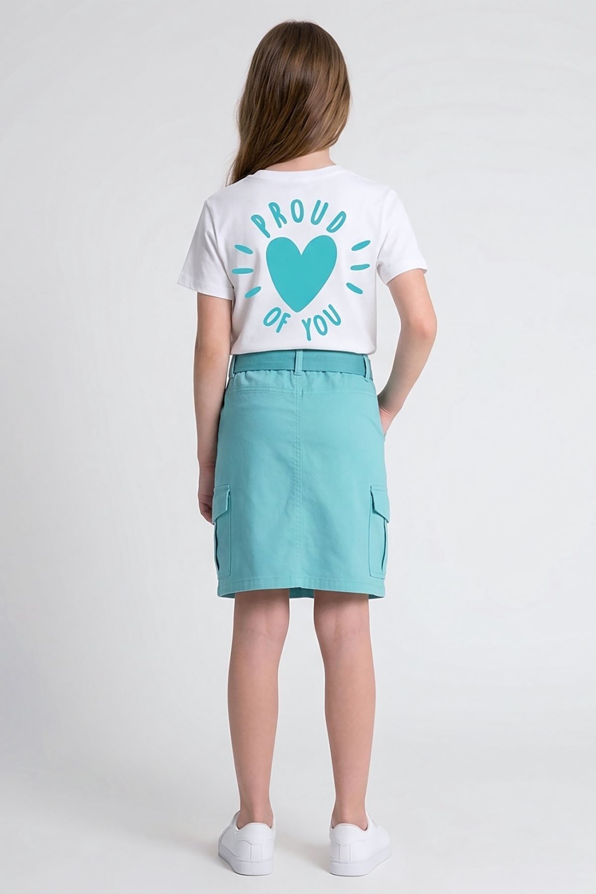 Caren Kids -Kız Çocuk Coast 2'li Takım: Baskılı Crop Tişört ve Kargo Cepli Kemerli Etek