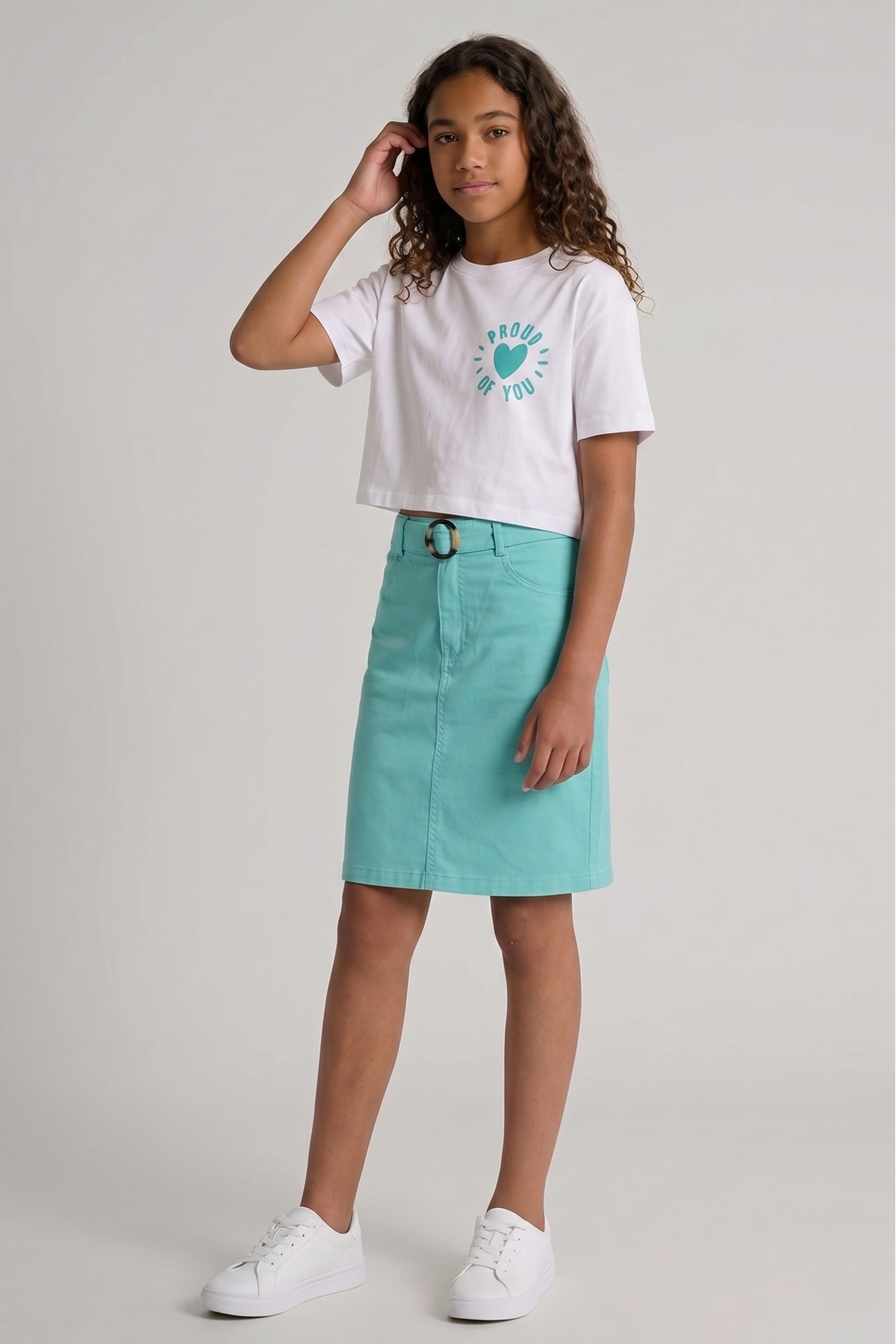 Caren Kids -Kız Çocuk Coast 2'li Takım: Baskılı Crop Tişört ve Kargo Cepli Kemerli Etek