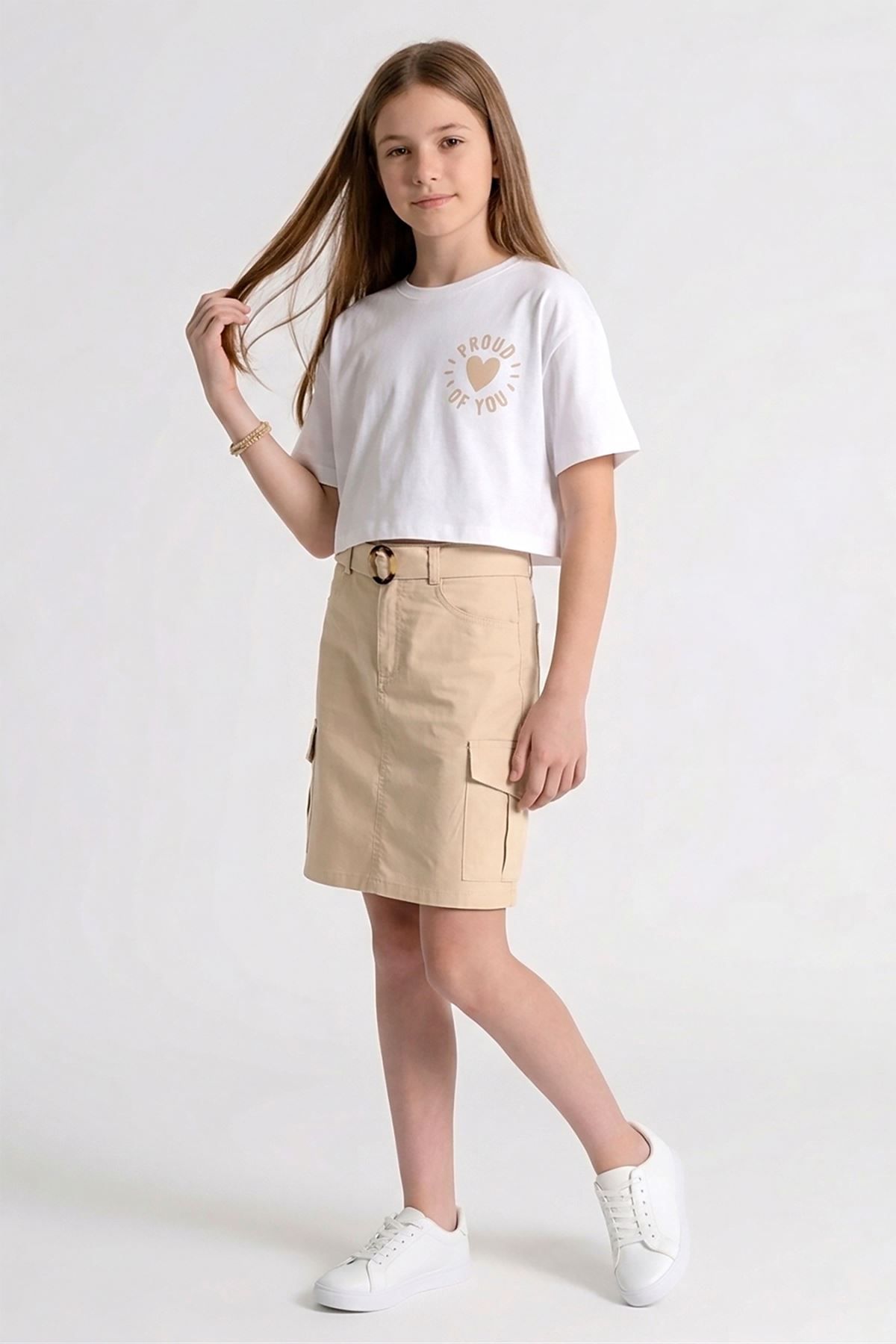 Caren Kids -Kız Çocuk Coast 2'li Takım: Baskılı Crop Tişört ve Kargo Cepli Kemerli Etek 