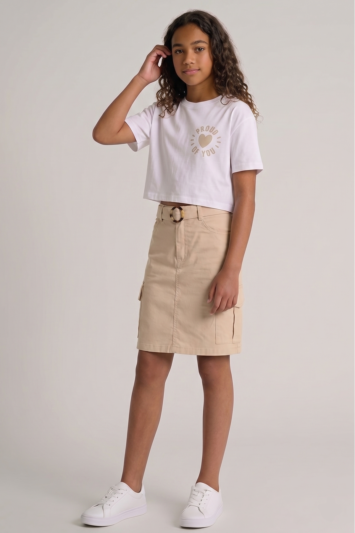 Caren Kids -Kız Çocuk Coast 2'li Takım: Baskılı Crop Tişört ve Kargo Cepli Kemerli Etek 