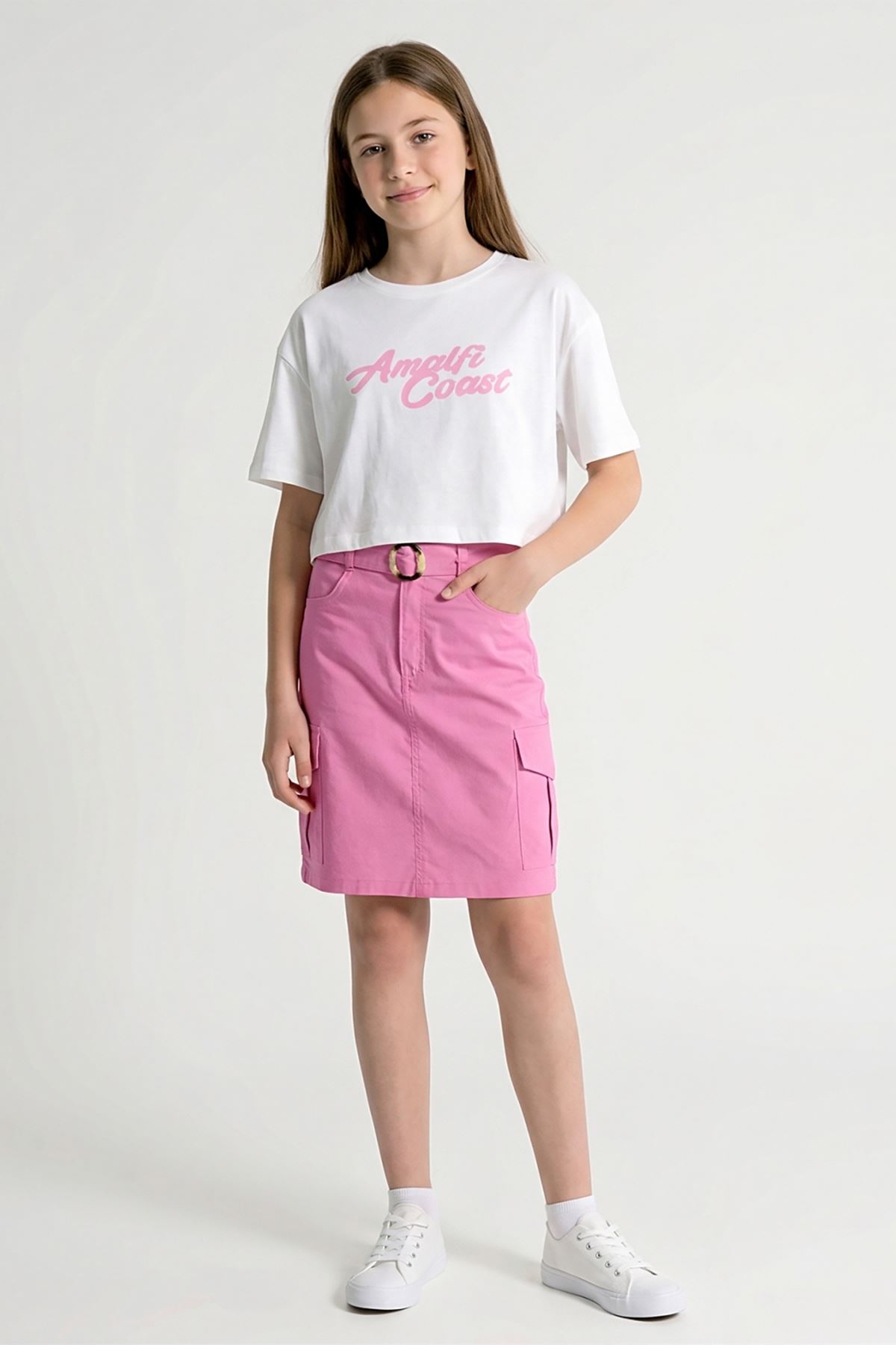 Caren Kids -Kız Çocuk Coast 2'li Takım: Baskılı Crop Tişört ve Kargo Cepli Kemerli Etek  