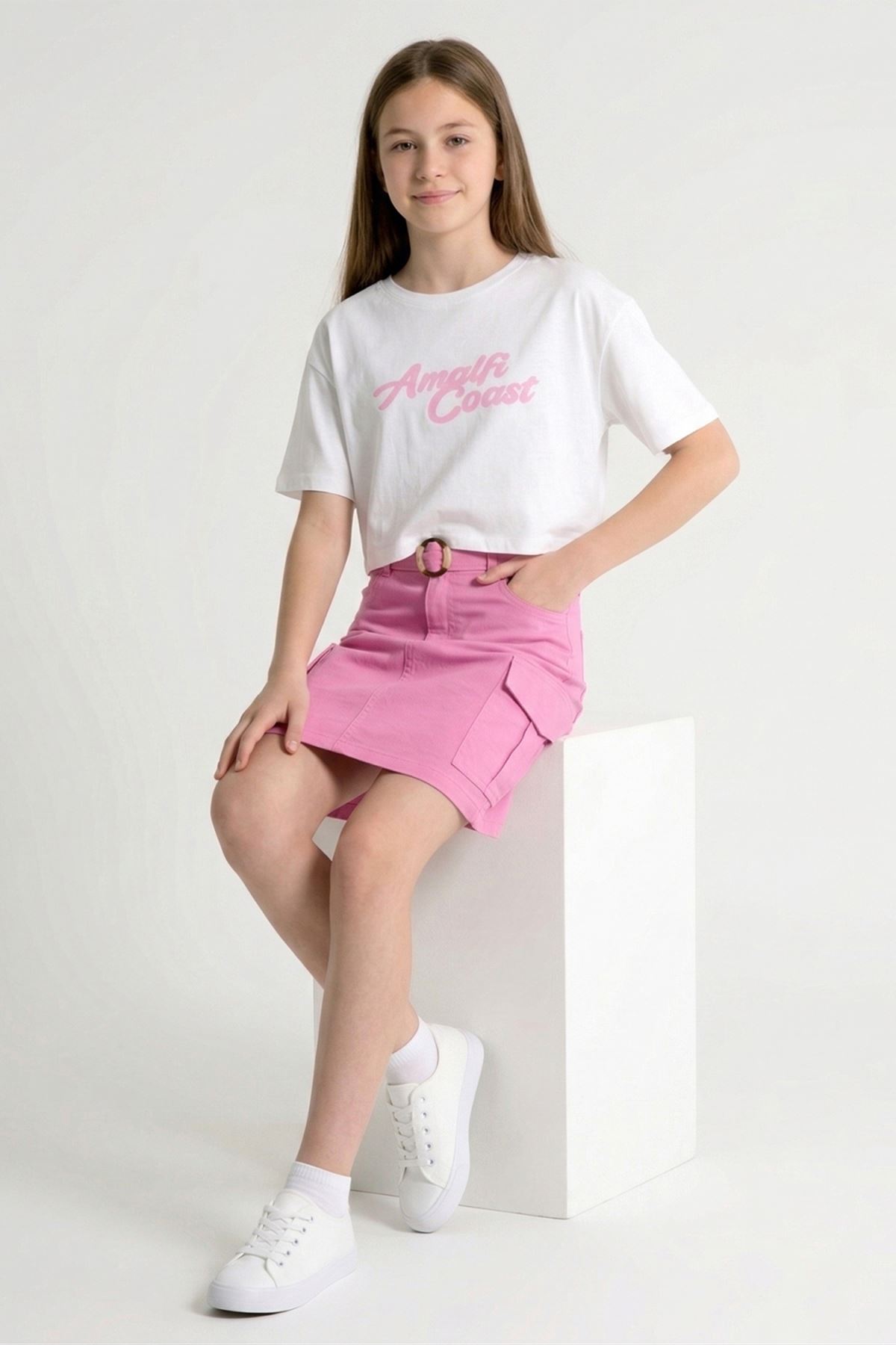 Caren Kids -Kız Çocuk Coast 2'li Takım: Baskılı Crop Tişört ve Kargo Cepli Kemerli Etek  