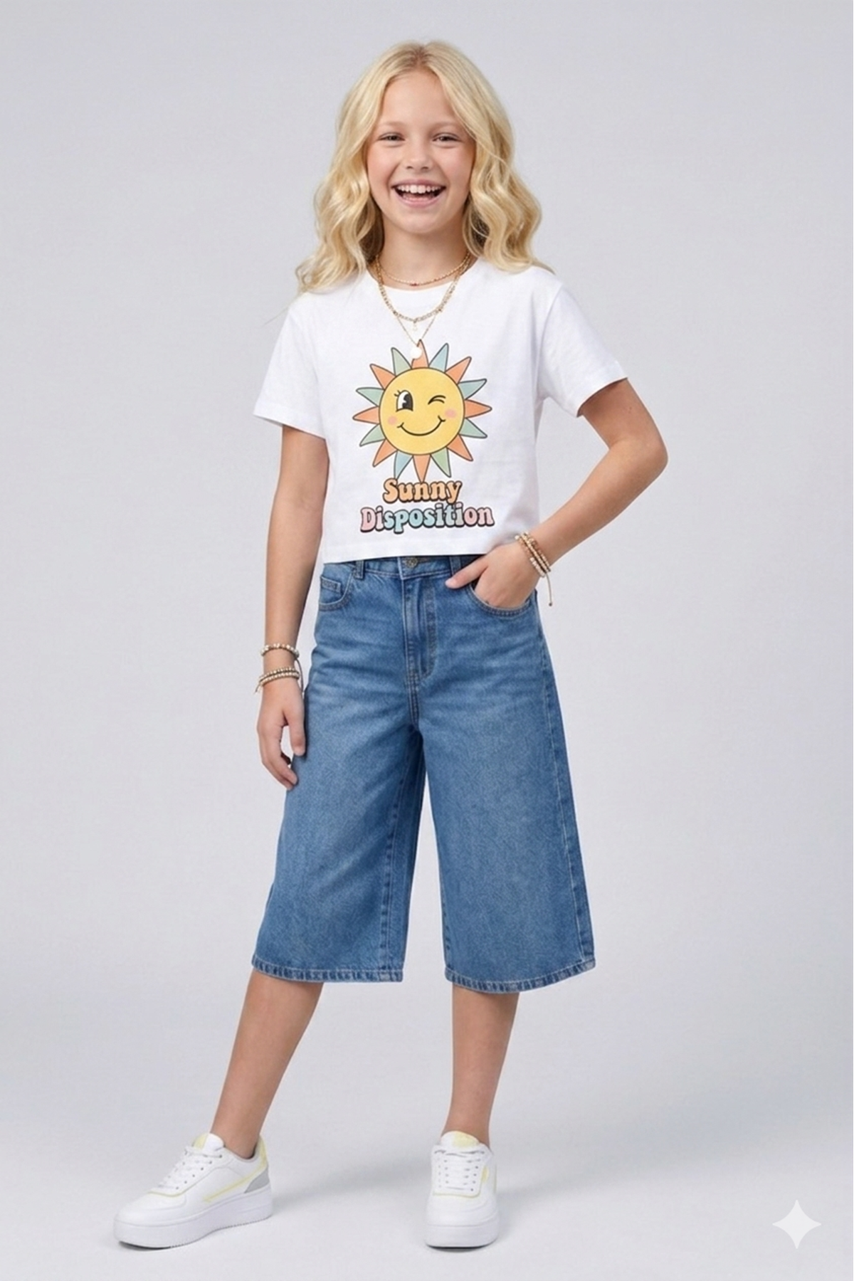 Kız Çocuk %100 Pamuk Denim Kapri Şort - Bel Ayarlı ve 5 Cepli