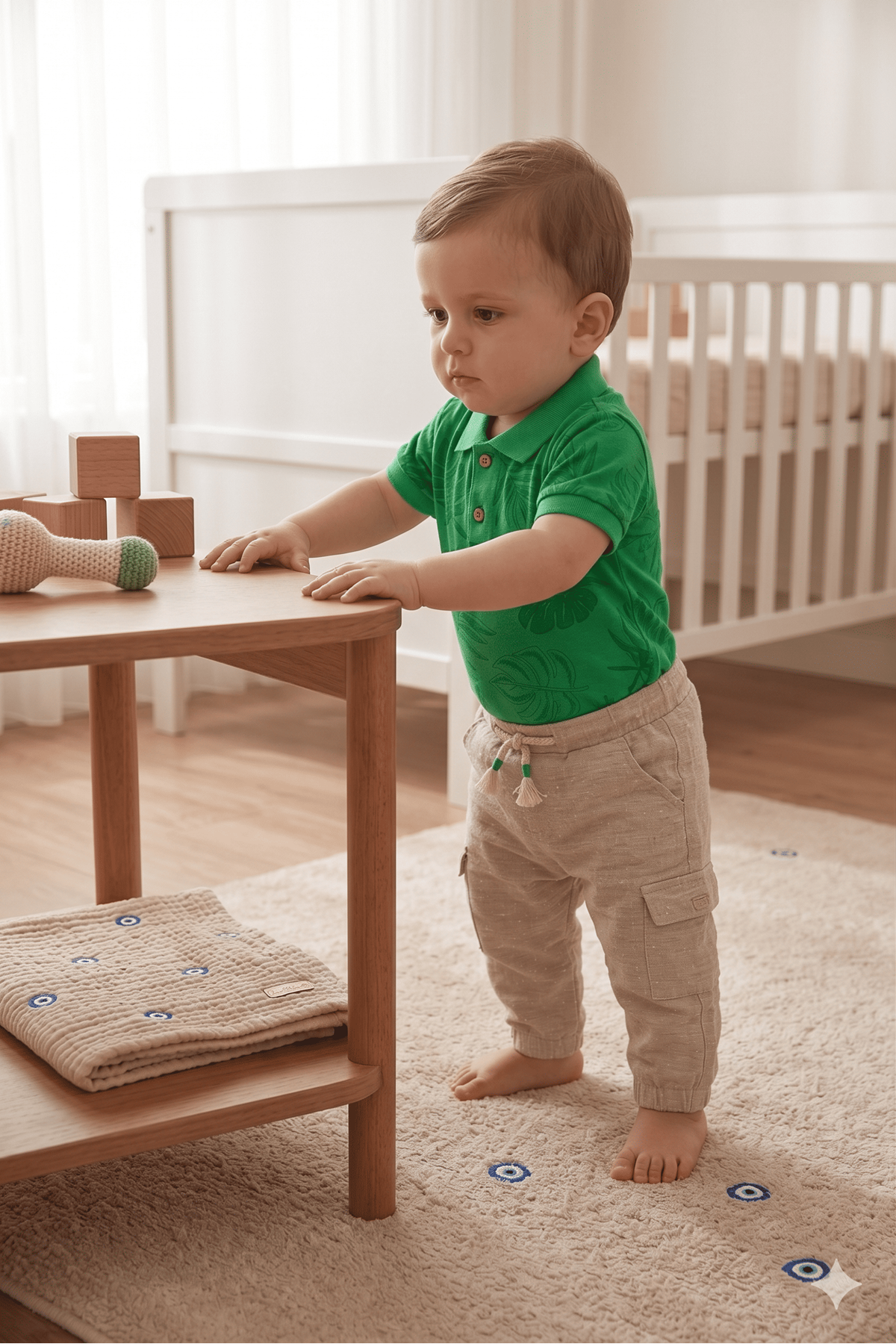 Erkek Bebek Grıff 2'lı Takım- Cep  ve Bağcık Detaylı Pantolon, Alttan Çıtçıtlı Yaprak Desen T-shirt