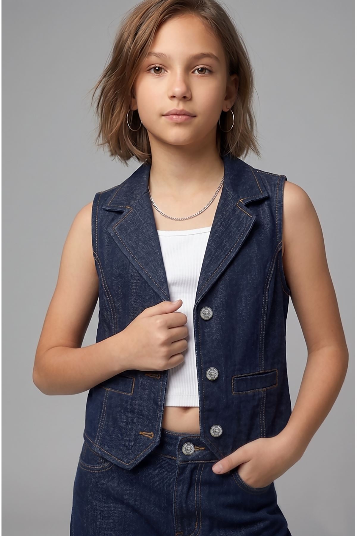 Kız Çocuk 3'lü Denim Takım - %100 Pamuk Dikiş Detaylı Yelek, Geniş Paça Pantolon ve Crop Body