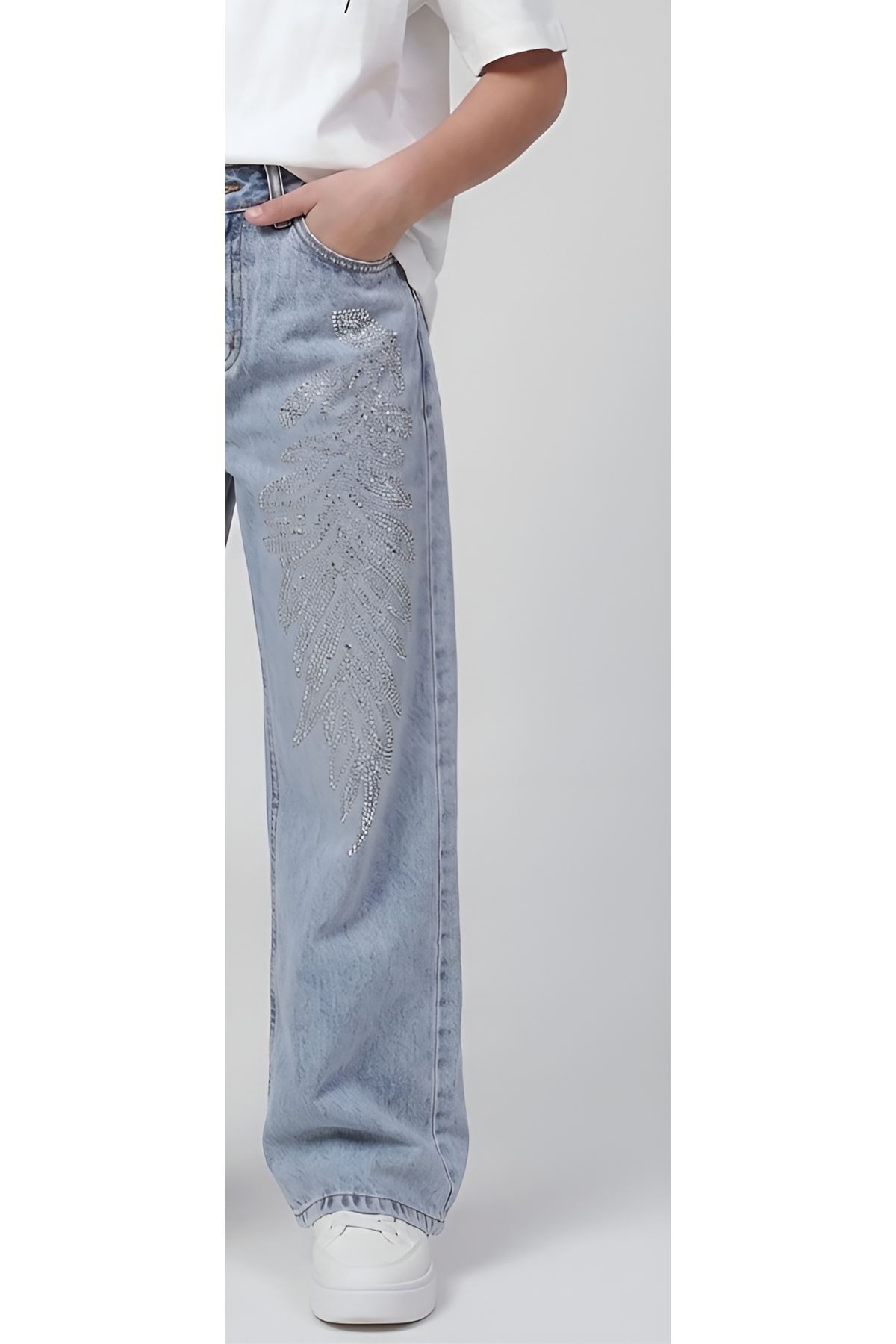 Kız Çocuk Taş İşlemeli Boru Paça Jean - %100 Pamuklu Denim Kot Pantolon