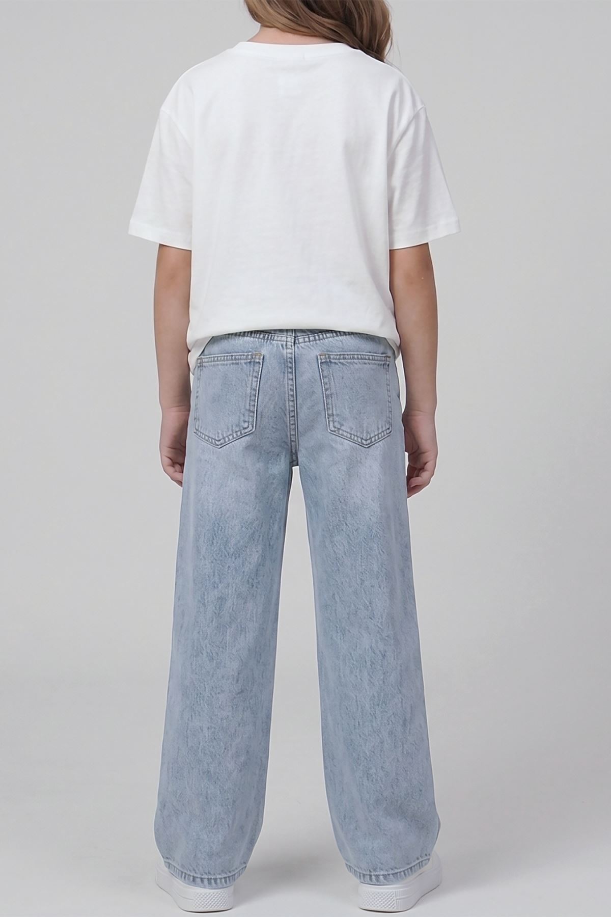 Kız Çocuk Taş İşlemeli Boru Paça Jean - %100 Pamuklu Denim Kot Pantolon