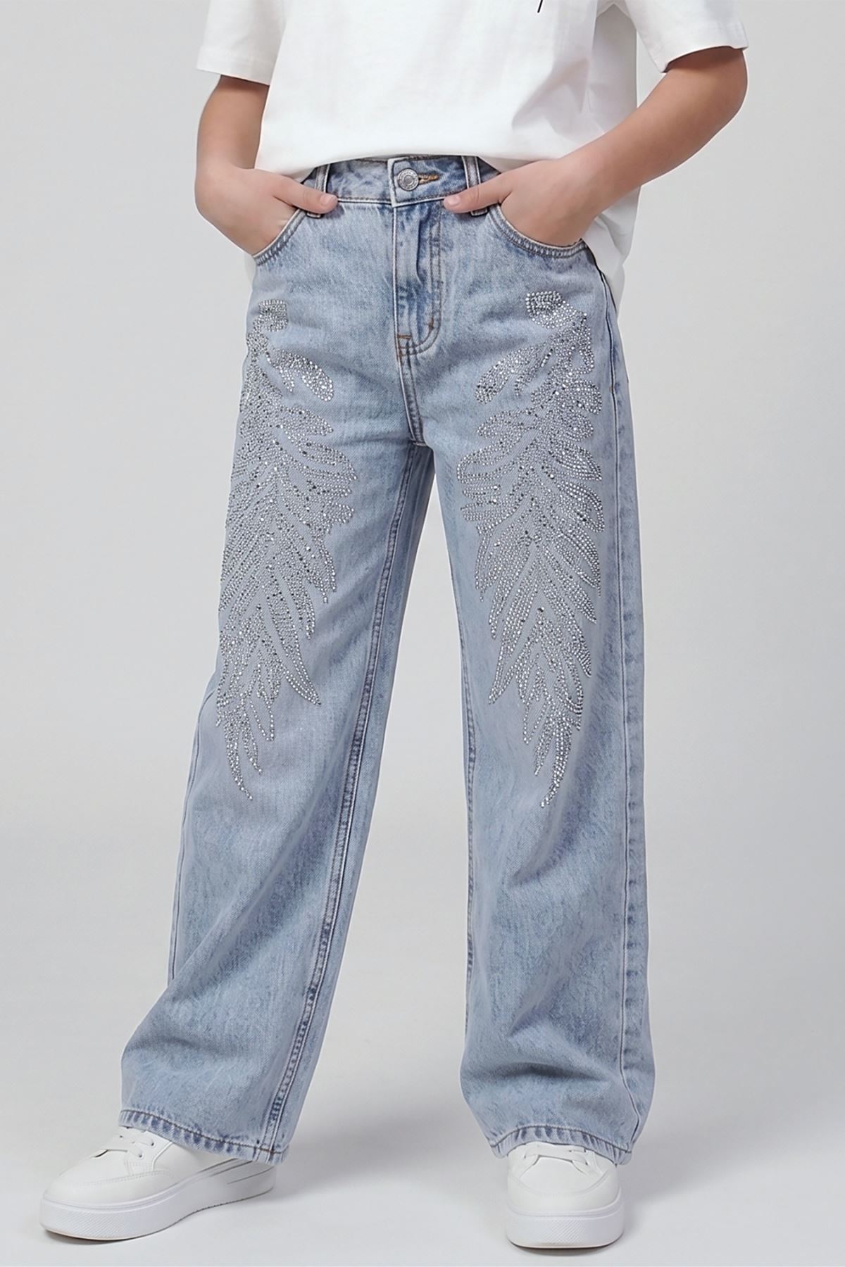 Kız Çocuk Taş İşlemeli Boru Paça Jean - %100 Pamuklu Denim Kot Pantolon