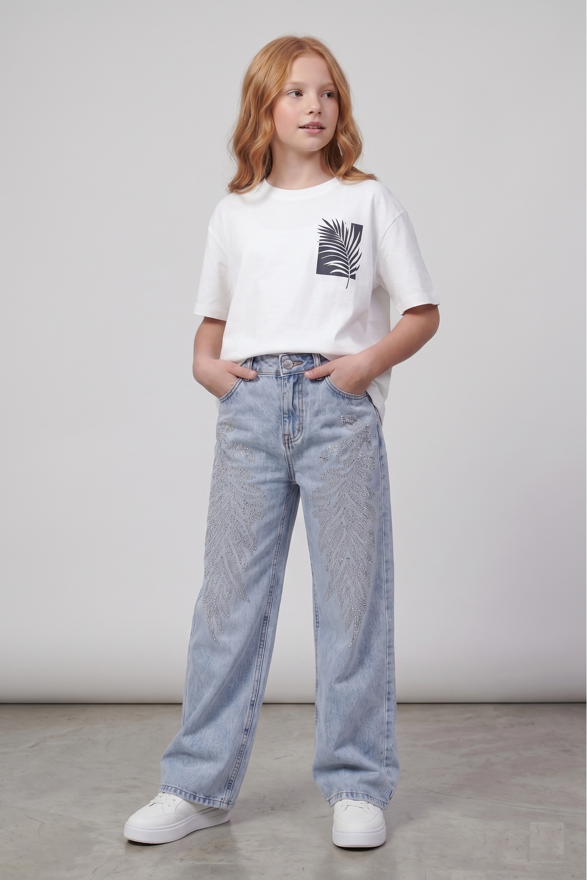 Kız Çocuk Taş İşlemeli Boru Paça Jean - %100 Pamuklu Denim Kot Pantolon