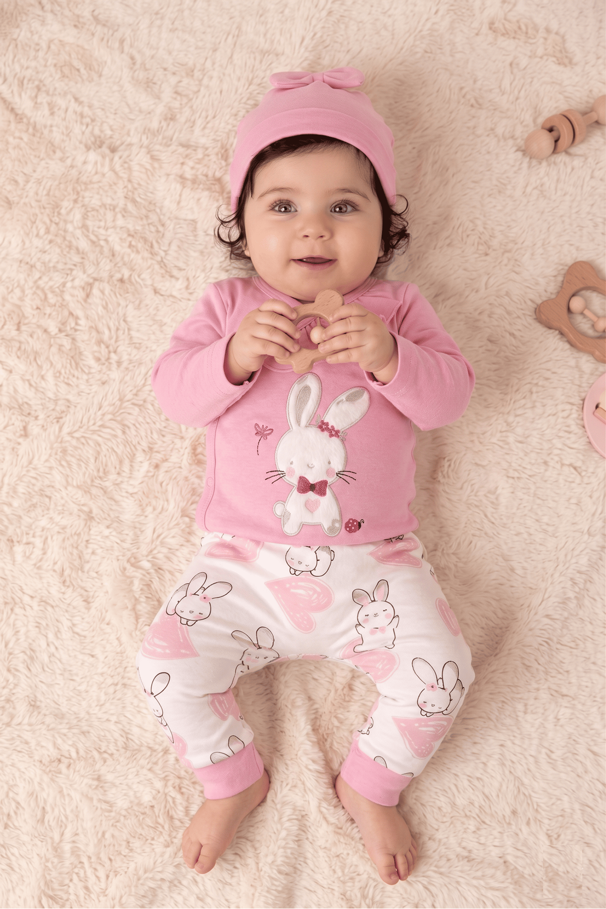 Sevimli Tavşan Bodyli 3'lü Takım -fırfır Detaylı Tavşan Figürlü Body-şapkası Ve Alt Pantolon