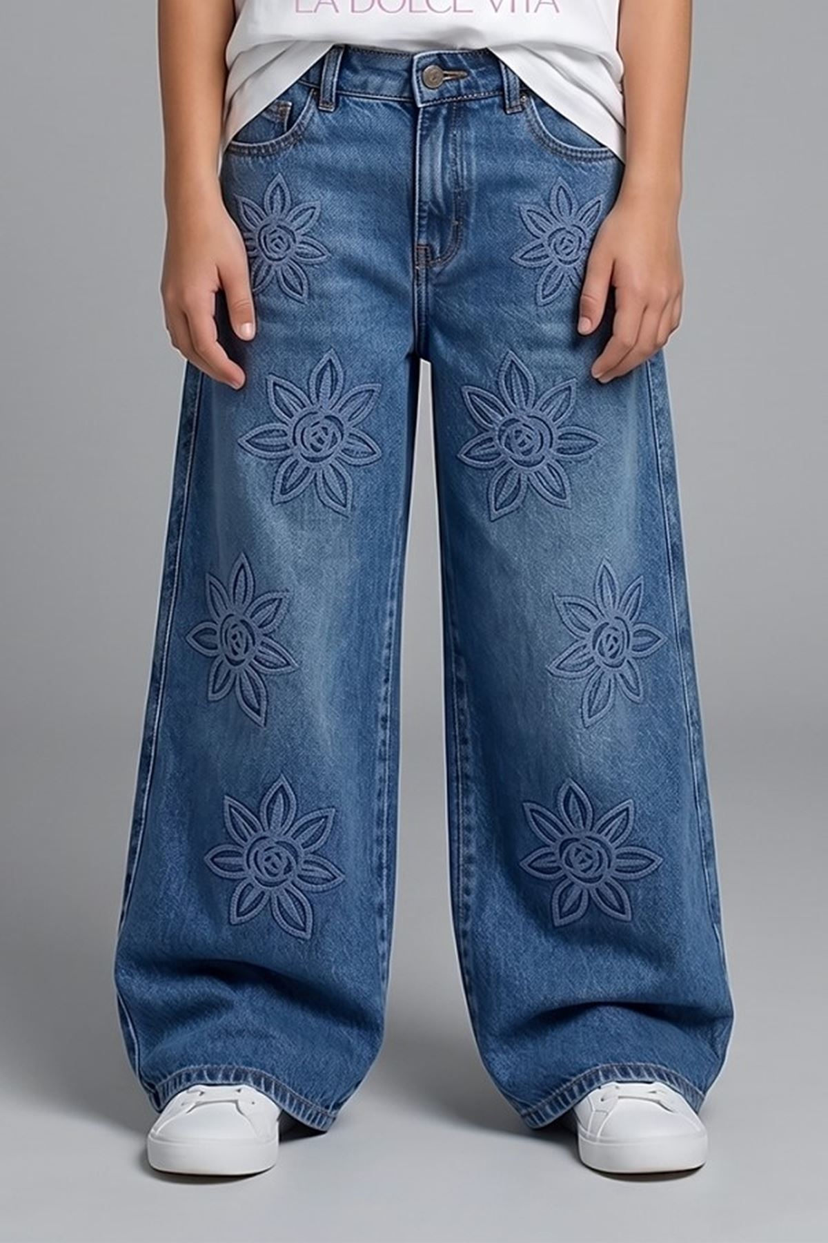 Kız Çocuk Çiçek Nakış Detaylı Geniş Paça Denim Pantolon - %100 Pamuklu Ayarlanabilir Bel