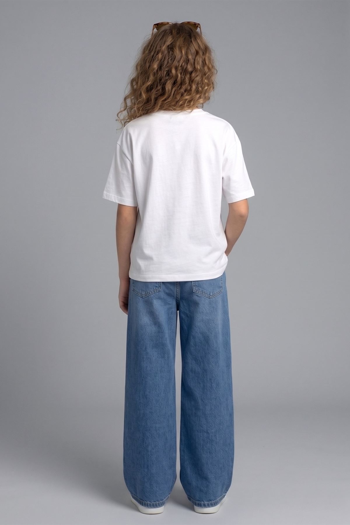 Kız Çocuk Çiçek Nakış Detaylı Geniş Paça Denim Pantolon - %100 Pamuklu Ayarlanabilir Bel