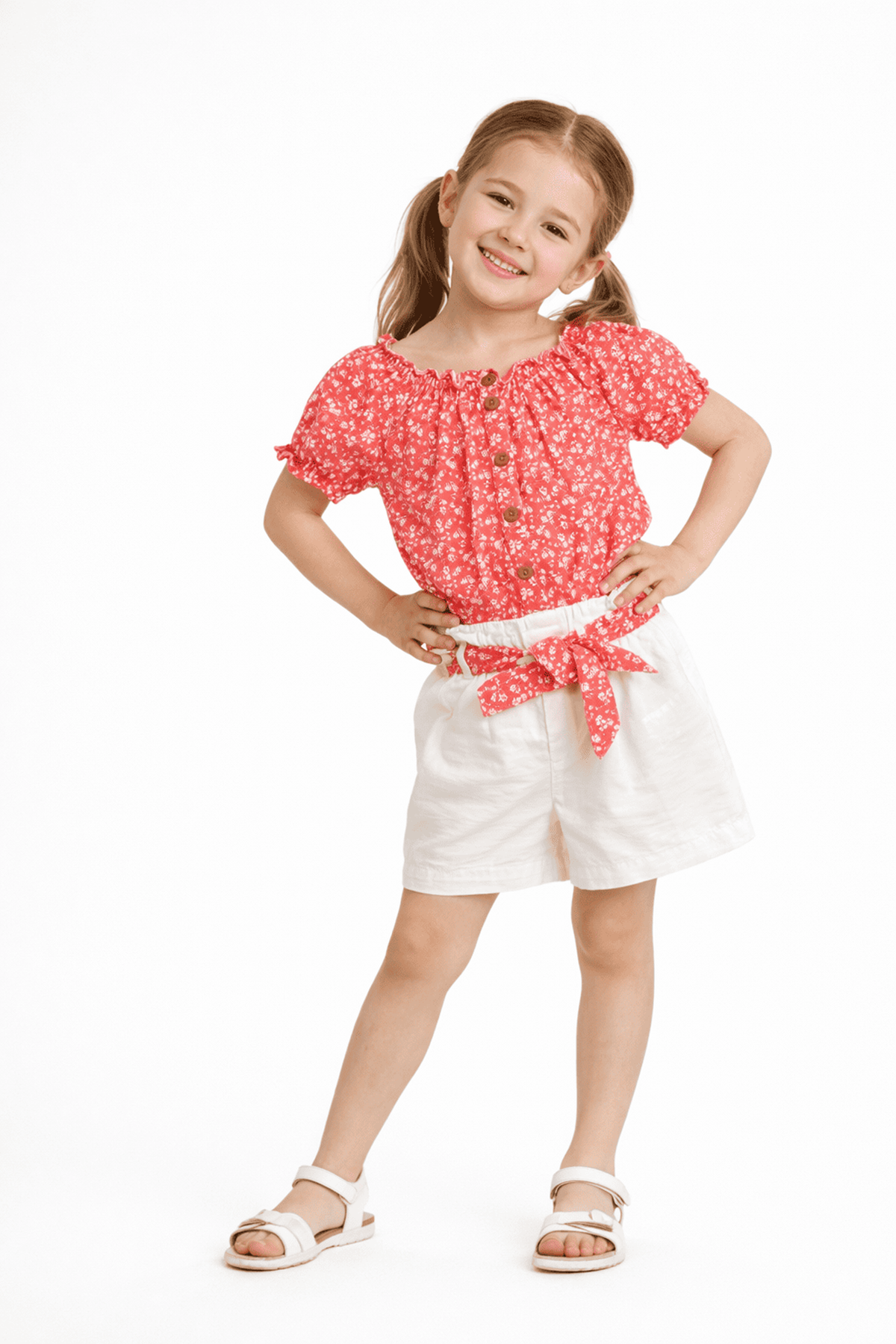 Çaren Kids- Kız çocuk Şortlu 2'li Takım- Çiçekli Yakası Lastik Kayık Yaka Bluz Ve Şort
