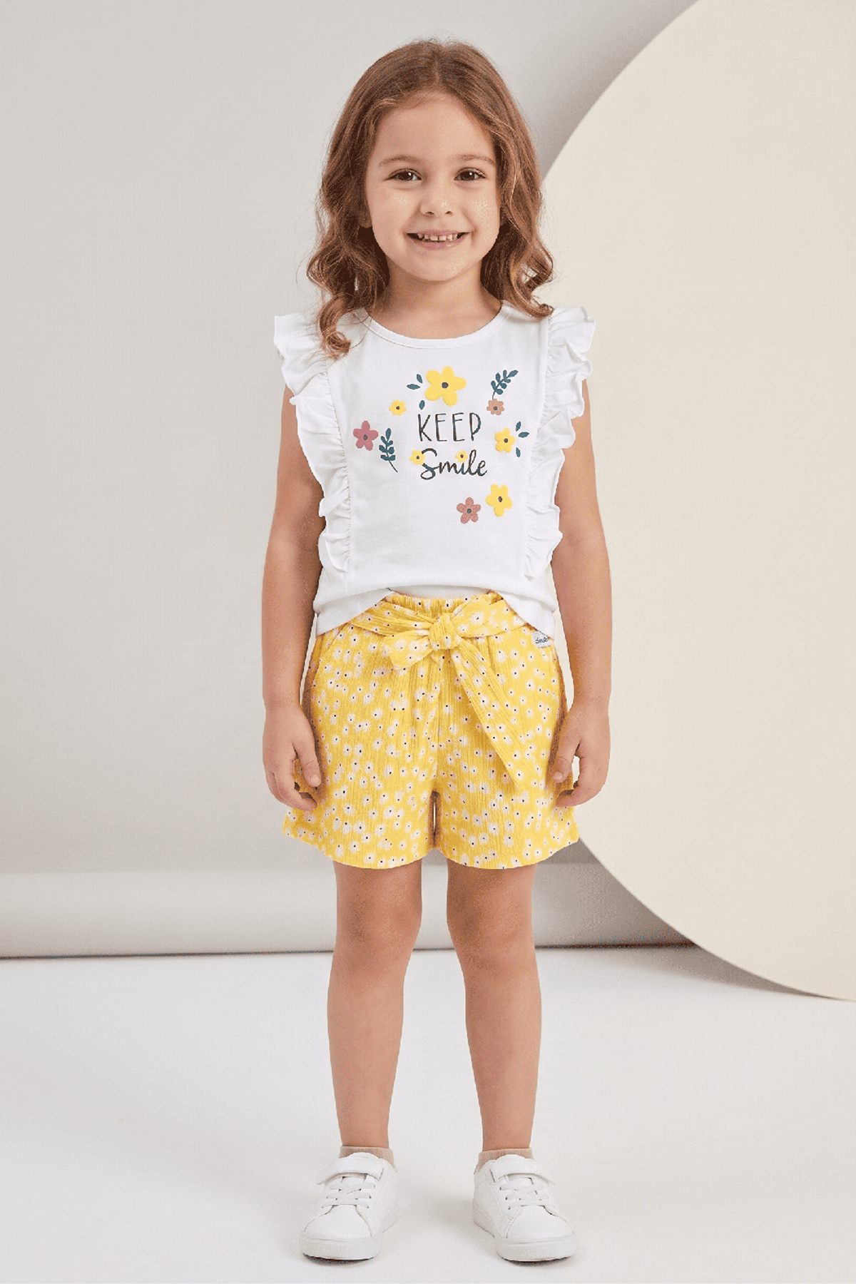 Çaren Kids - Keep Smile Kabartma Çiçek Baskı Detaylı 2'li Takım- Kız Çocuk 2'li Takım