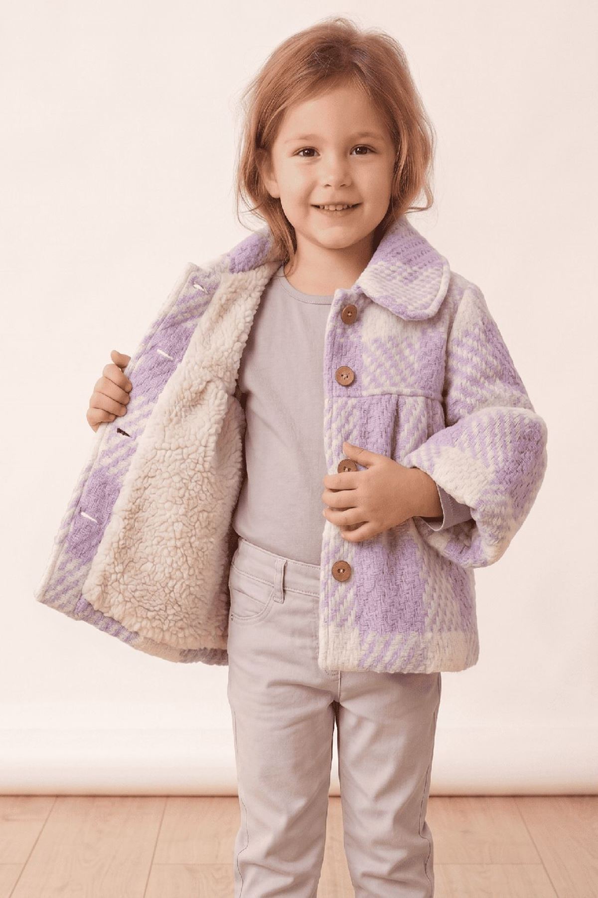 Çaren Kids Kız Çocuk İçi Kürklü Düğmeli Ekose Kaban