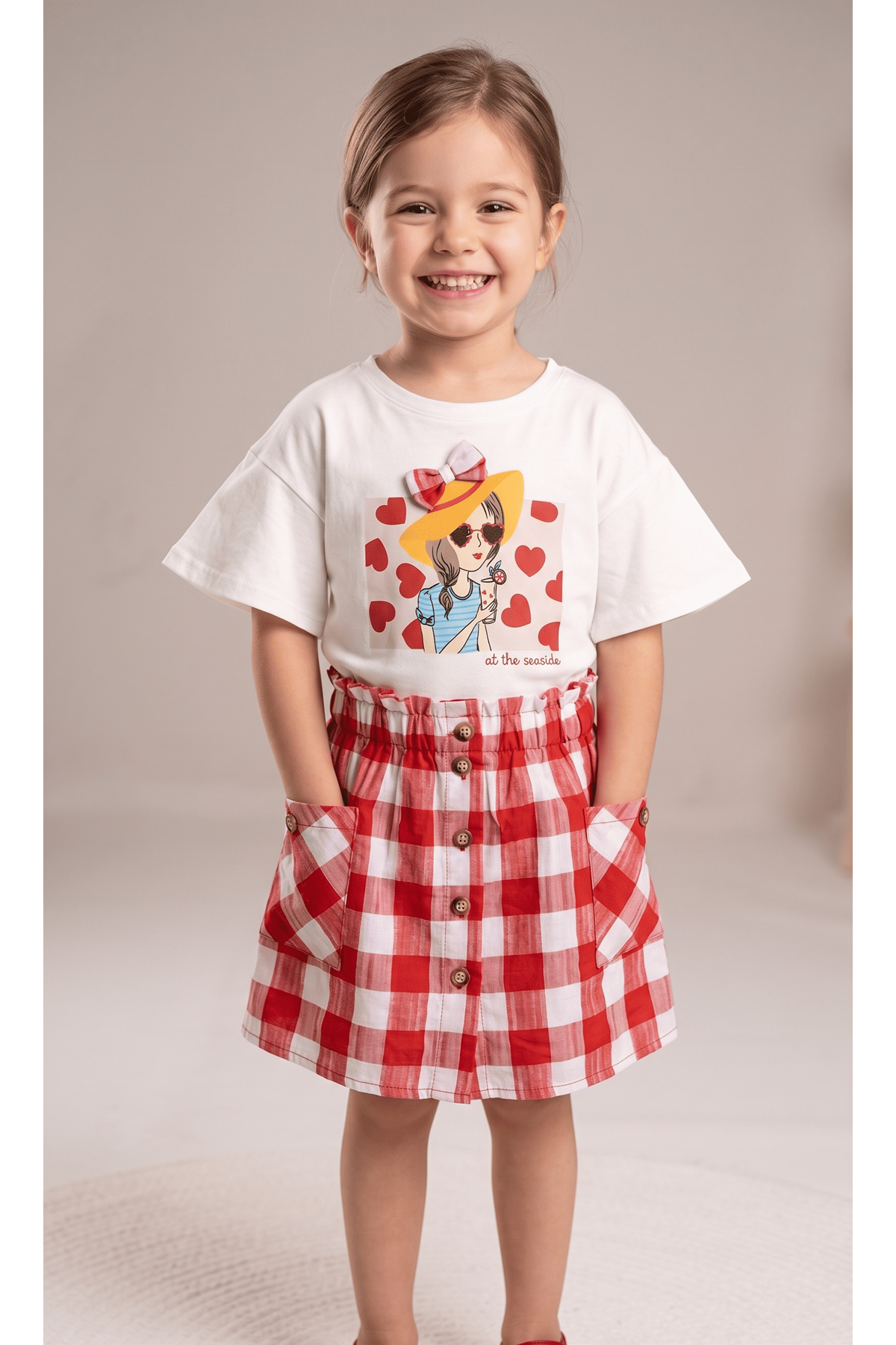 Çaren Kids -  Ekose Etekli Kız Çocuk 2'li Takım