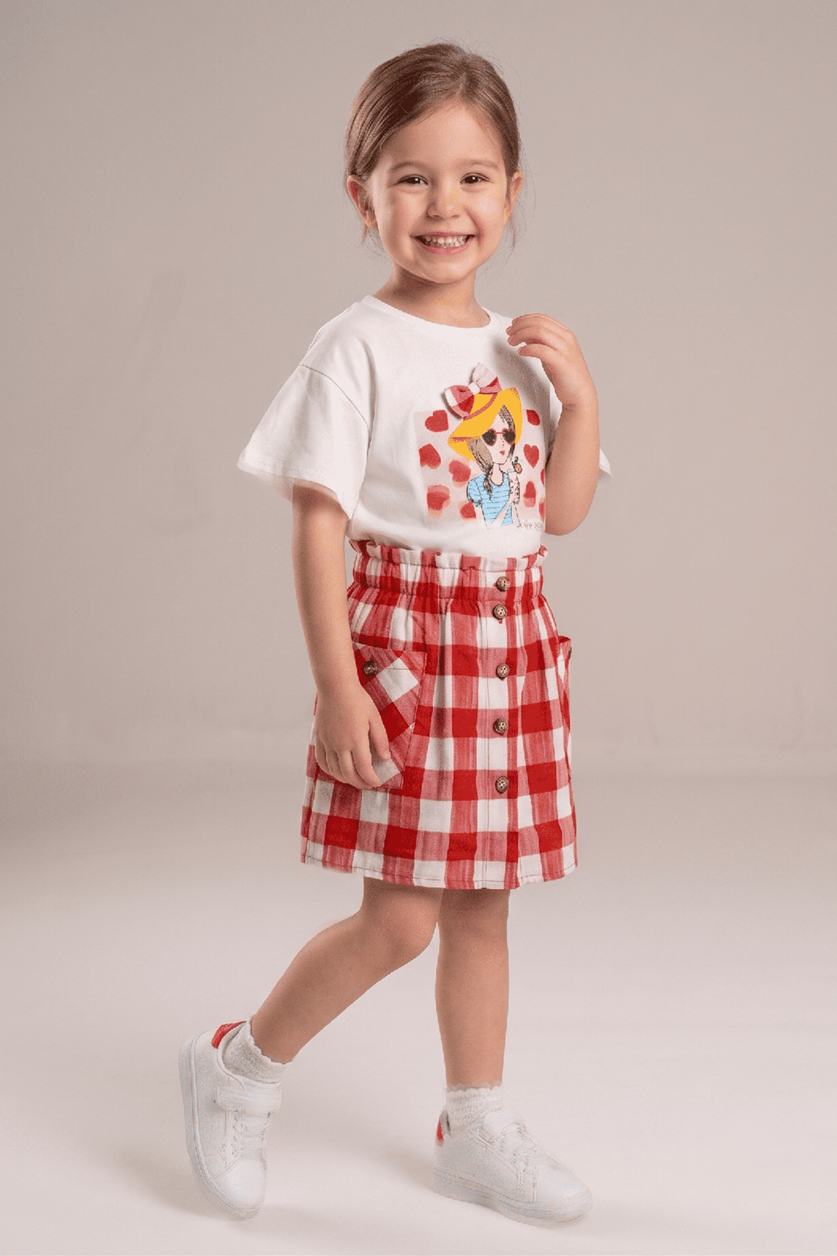 Çaren Kids -  Ekose Etekli Kız Çocuk 2'li Takım