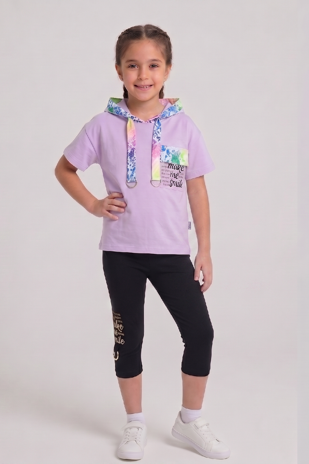 Çaren Kids - Kız Çocuk 2'li Takım- Kapüşonlu Baskı Detaylı T-shirt, Baskı Detaylı Tayt