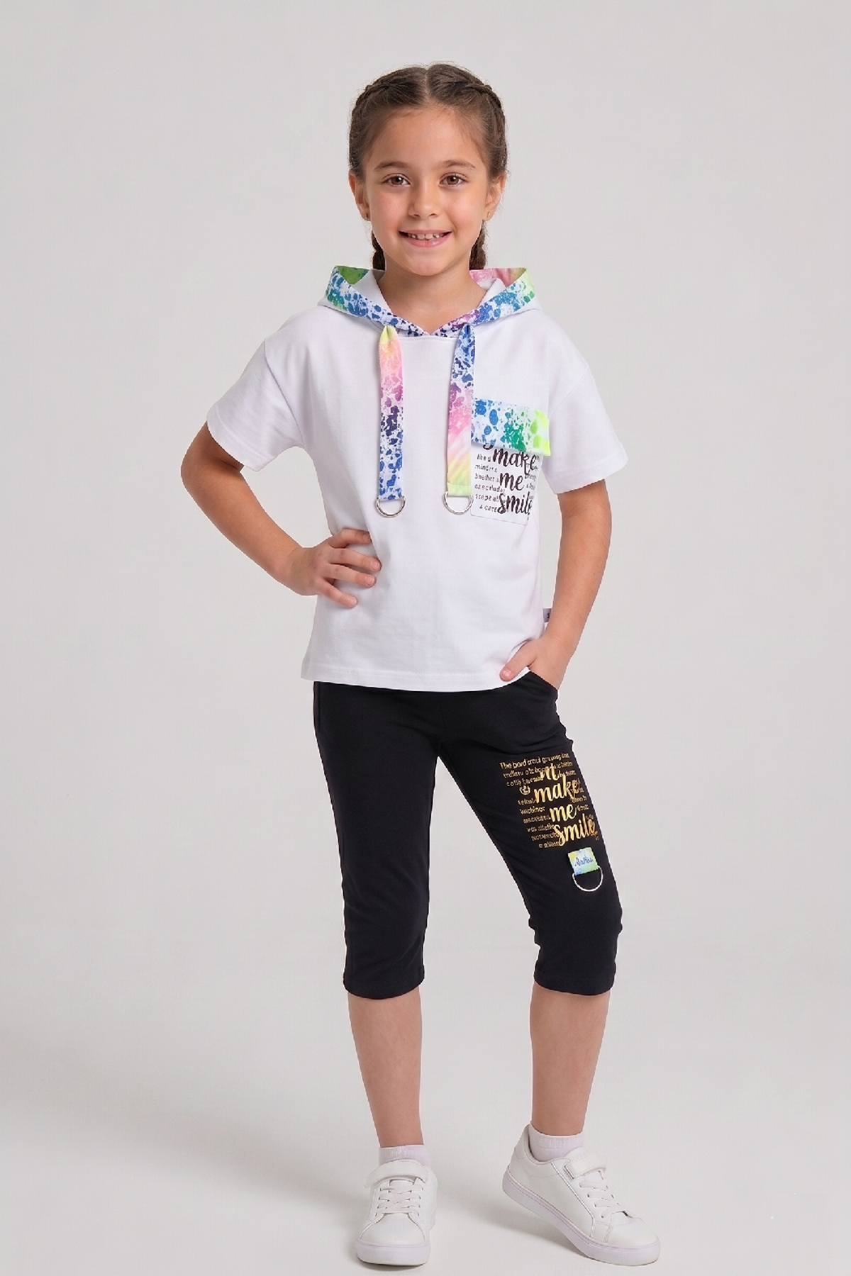 Çaren Kids - Kız Çocuk 2'li Takım- Kapüşonlu Baskı Detaylı T-shirt, Baskı Detaylı Tayt