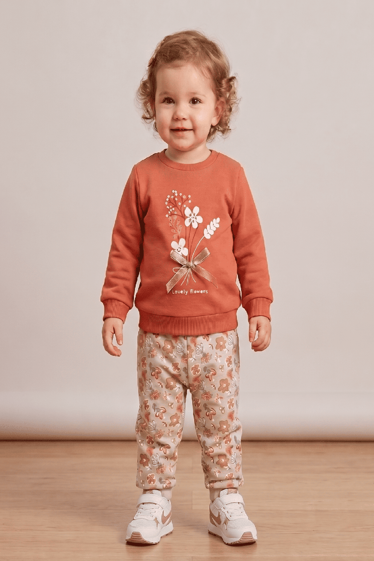 Florist Kız Bebek 2'li Takım- Çiçek Baskılı, Kurdele Detaylı Sweat, Çiçek Desen Pantolon