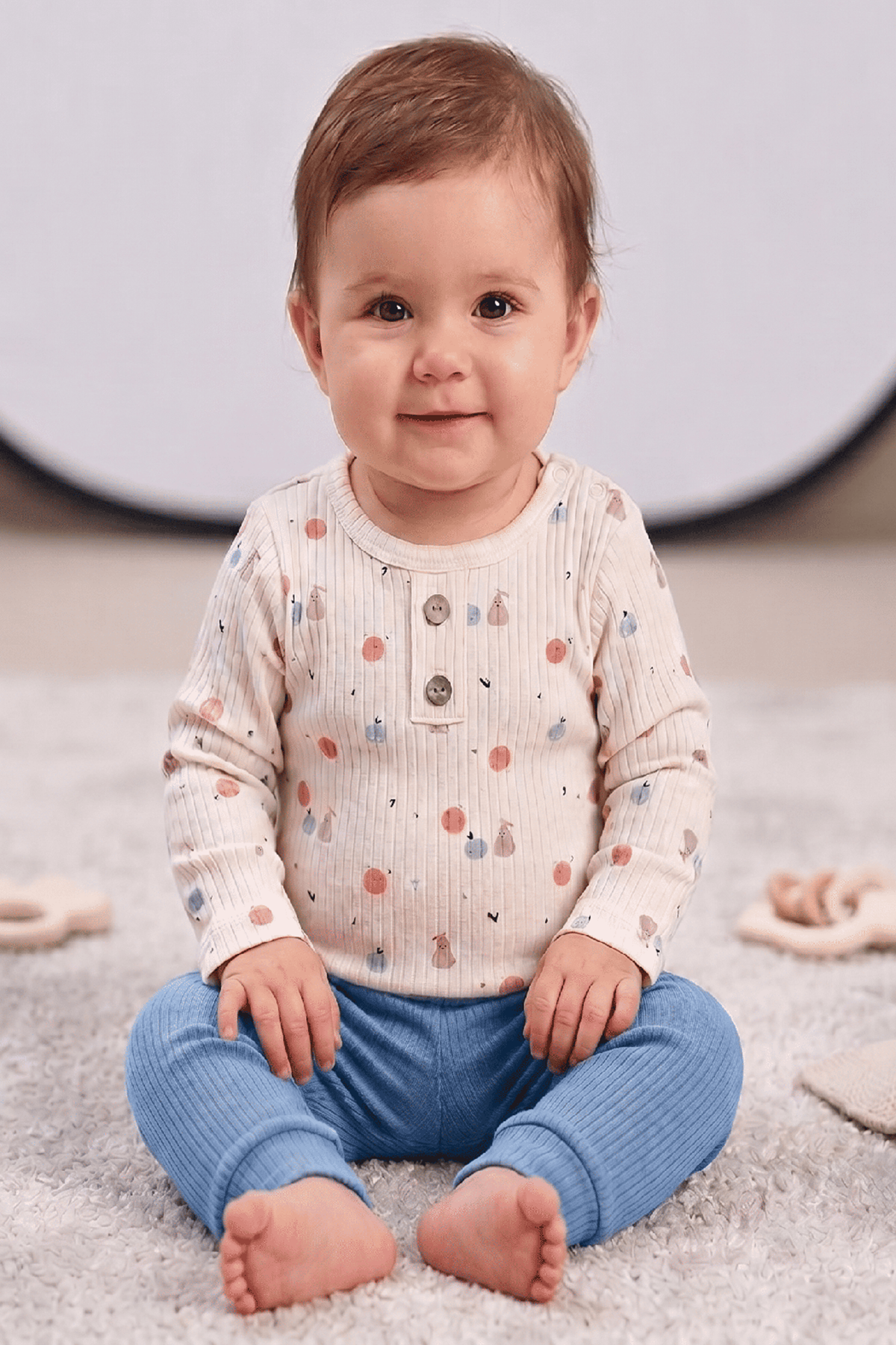 MEYVE BASKILI ALTTAN ÇITLI BEBEK 2Lİ TAKIM - Fitilli, Yuvarlak Yaka Çıtçıtlı Body ve Fitilli Alt