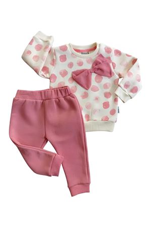 Puantiyeli Fiyonk Detaylı Kız Bebek 2'li Takım-3 İplik Puantiyeli,Fiyonk Detaylı Sweat ve Pantolon