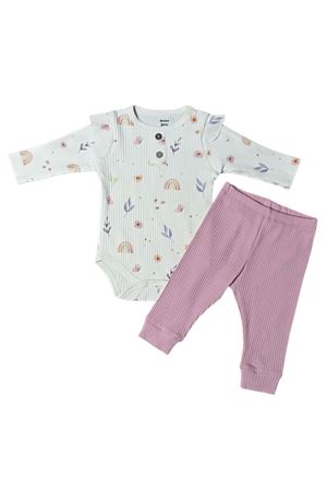 GÖKKUŞAĞI KELEBEKLİ ALTTAN ÇITLI BEBEK 2Lİ TAKIM- Fitilli, Çıtçıtlı Body ve Fitilli Alt
