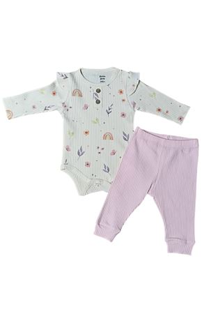 Gökkuşağı Kelebekli Alttan Çıtlı Bebek 2Lİ Takım- Fitilli, Çıtçıtlı Body ve Fitilli Alt