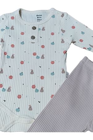 MEYVE BASKILI ALTTAN ÇITLI BEBEK 2Lİ TAKIM - Fitilli, Yuvarlak Yaka Çıtçıtlı Body ve Fitilli Alt