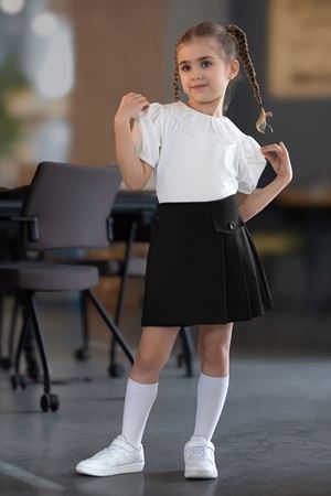 Çaren Kids- Kız Çocuk Pile & Düğme Detaylı Çelik Örgü Okul & Günlük Aktivitelere Özel Şort Etek- Siyah