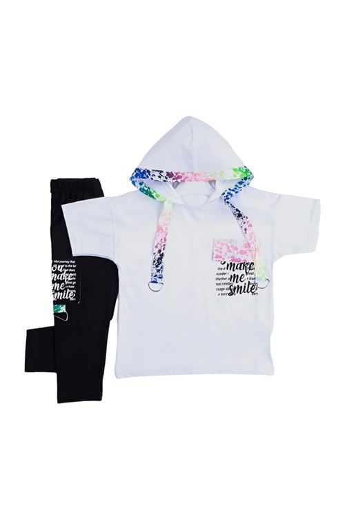 Çaren Kids - Kız Çocuk 2'li Takım- Kapüşonlu Baskı Detaylı T-shirt, Baskı Detaylı Tayt