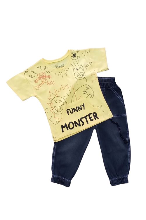 Çaren Kids Monster Erkek Çocuk 2'li Takım- Baskılı, Kanguru Cep T-shirt, Zincir Detaylı Pantolon