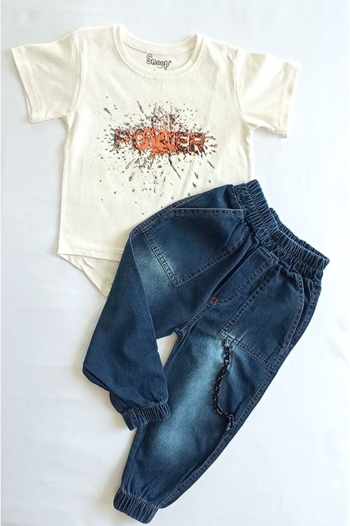 Erkek Çocuk Power 2'li Takım-kabartma Baskılı,arkası Uzun T-shirt, Zincir Detaylı Taşlanmış Pantolon