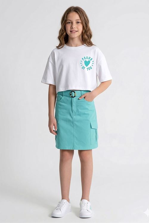 Caren Kids -Kız Çocuk Coast 2'li Takım: Baskılı Crop Tişört ve Kargo Cepli Kemerli Etek