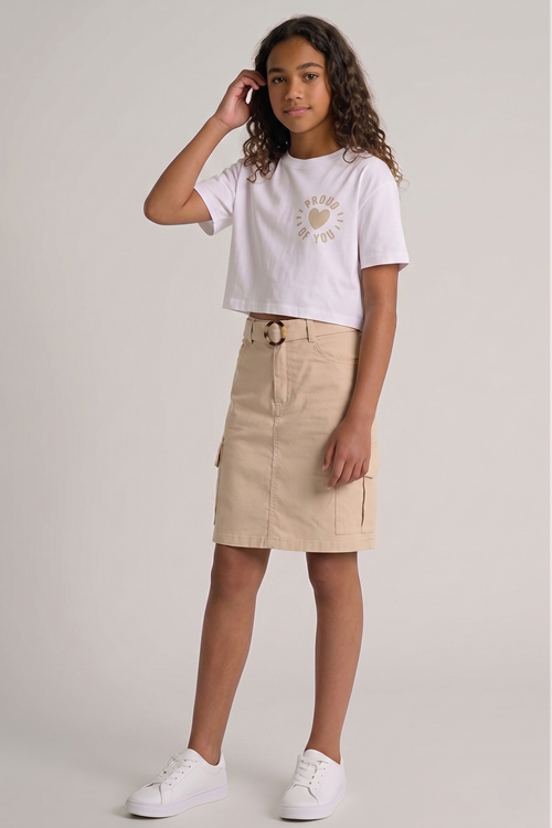 Caren Kids -Kız Çocuk Coast 2'li Takım: Baskılı Crop Tişört ve Kargo Cepli Kemerli Etek 