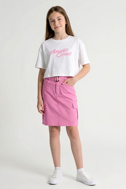 Caren Kids -Kız Çocuk Coast 2'li Takım: Baskılı Crop Tişört ve Kargo Cepli Kemerli Etek  