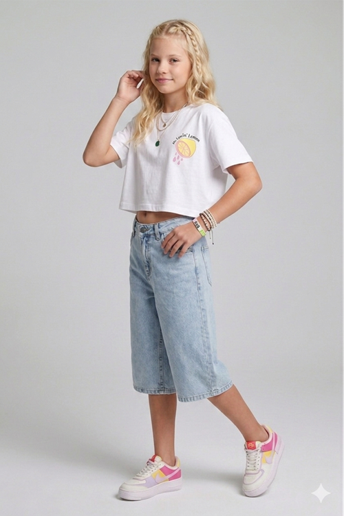 Kız Çocuk %100 Pamuk Denim Kapri Şort - Bel Ayarlı ve 5 Cepli 