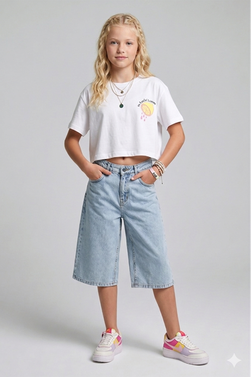 Kız Çocuk %100 Pamuk Denim Kapri Şort - Bel Ayarlı ve 5 Cepli 