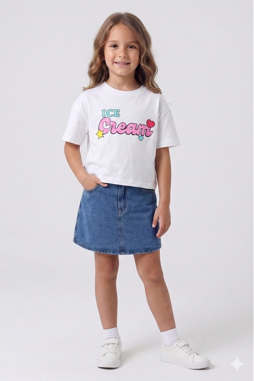 Kız Çocuk %100 Pamuk Denim Şort Etek & Sırt Baskı Detaylı T-Shirt İkili Takım
