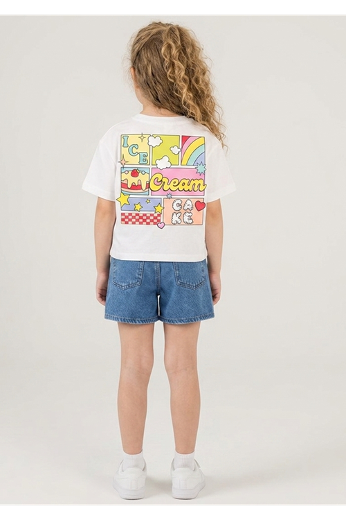 Kız Çocuk %100 Pamuk Denim Şort Etek & Sırt Baskı Detaylı T-Shirt İkili Takım