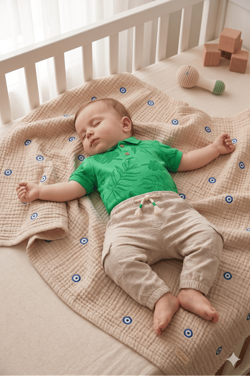 Erkek Bebek Grıff 2'lı Takım- Cep  ve Bağcık Detaylı Pantolon, Alttan Çıtçıtlı Yaprak Desen T-shirt