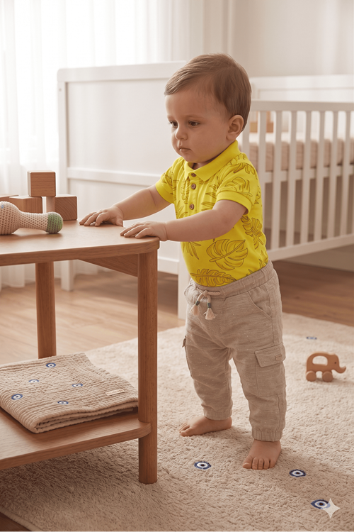 Erkek Bebek Grıff 2'lı Takım- Cep  ve Bağcık Detaylı Pantolon, Alttan Çıtçıtlı Yaprak Desen T-shirt