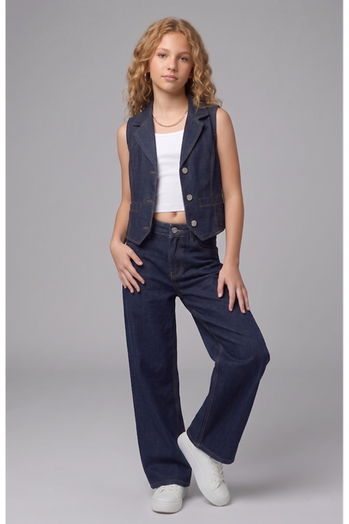 Kız Çocuk 3'lü Denim Takım - %100 Pamuk Dikiş Detaylı Yelek, Geniş Paça Pantolon ve Crop Body